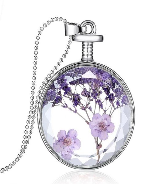 

jewelry charm accessory memory silver plated purple lavender dried flower plant pendant round necklace locket for women8918128