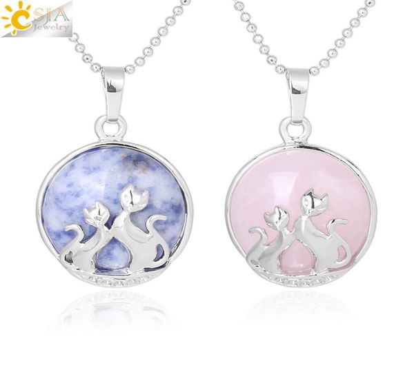 

csja lucky double cat kitty necklace natural stone charm pendant for women amethyst pink crystal lapis lazuli romantic lover jewel3667795, Silver