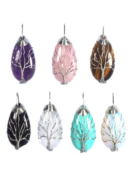 

whole 10 pcs trendy silver plated wire wrap tiger eye stone tear drop black agate pendant green turquoise jewelry9243449