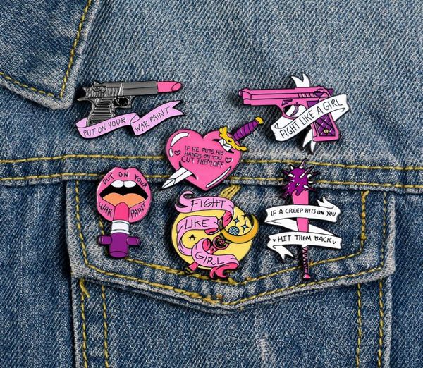 

feminism pins pink lipstick enamel pins fight like a girl brooches badges denim clothes bag pins gifts for friends1690091, Gray