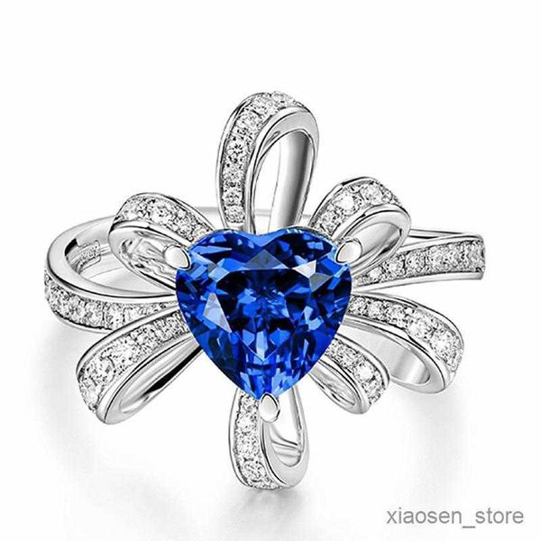 

wedding rings rings rings bowknot flower chic blue crystal sapphire gemstones diamonds for women white gold color fashion jewellery gift r23, Slivery;golden