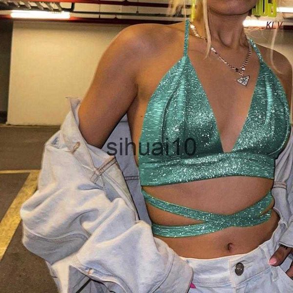 

women's t-shirt women halter backless deep v-neck camisole shiny glitter sparkly crisscross tie back sleeveless crop sling vest j230627, White