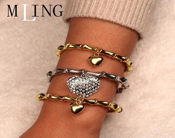 

mling 3 pcsset vintage gold silver alloy bracelet set fashion bamboo crystal heart bracelet for women1321585, Golden;silver