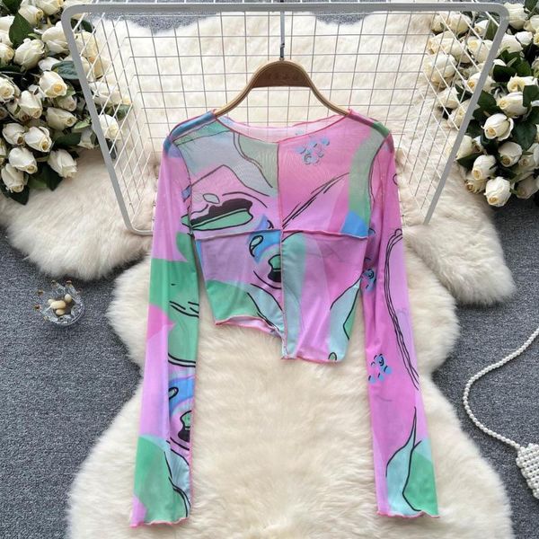 

women's t shirts women t-shirt 2023 spring autumn patchwork o neck print full navel slim fashion vintage streetwear wild pullovers, White