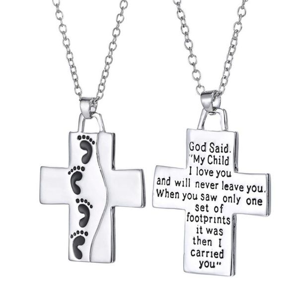 

footprint jesus cross necklace letters my child i love you pendant necklaces fashion jewelry gift for women kids8470818, Silver