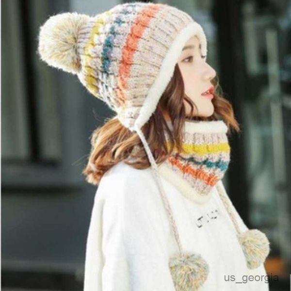 

caps winter hat female knit velvet thickening wild hair ball cap collar set version the warm contrast r230627, Blue;gray