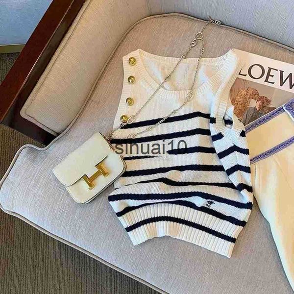 

women's t-shirt 2023 summer korean style women's stripe slim knit vest fashion knitwears tee lady elegant retro tank sleeveless t-, White