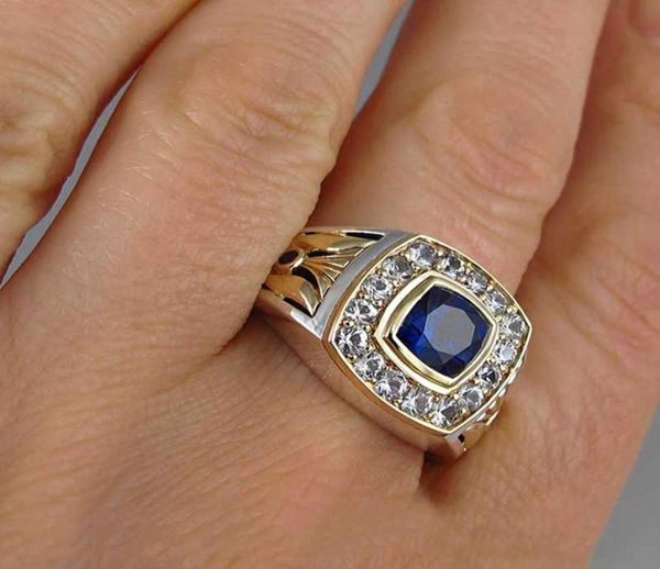 

accessories fashion jewelrys huitan square ring vintage blue cz micro paved business style men ring retro design whole lotsam3621654, Golden;silver