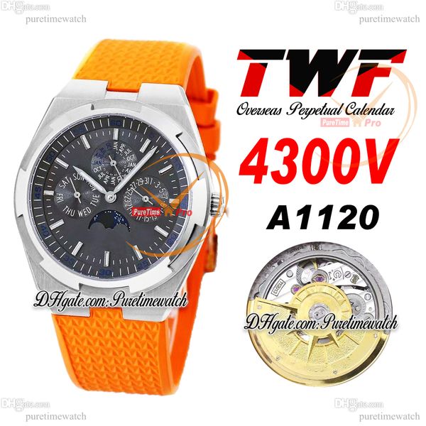 

twf overseas perpetual calendar moonphase 4300v a1120 automatic mens watch steel case gray dial orange rubber super version reloj hombre edi, Slivery;brown