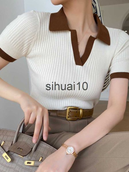 

women's t-shirt women's t-shirt polo collar short sleeve fashion blouses 2023 female slim knitted tee white skinny casual women su
