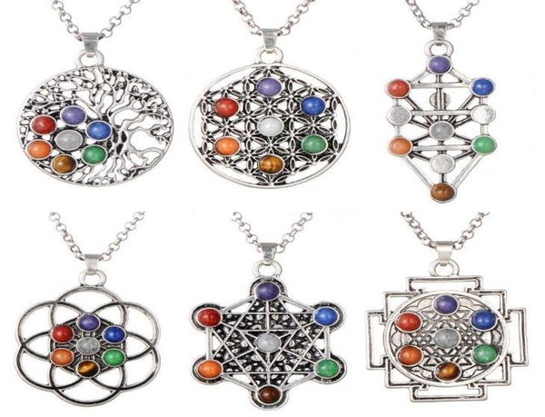 

7 chakras pendulum necklaces colorful natural stone tree of life pendant necklaces women yoga jewelry9207634, Silver