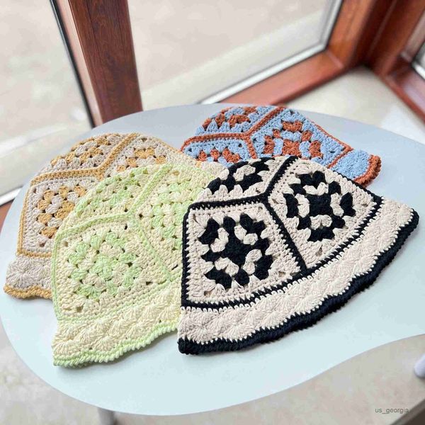 

caps spring summer vintage crochet bucket hat women hand knitted cotton thread flowers fisherman hat female blogger's r230627, Blue;gray