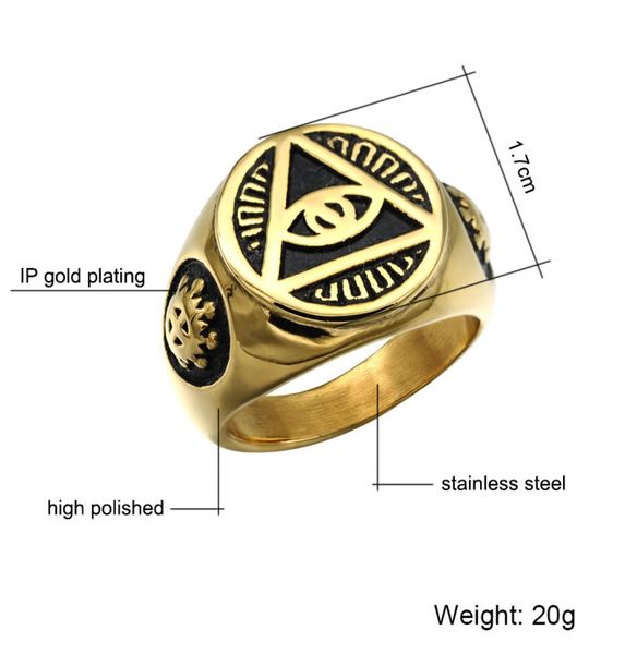 

punk cool gold color titanium stainless steel illuminati pyramid evil eye symbol signet rings for men jewelry1617015, Golden;silver