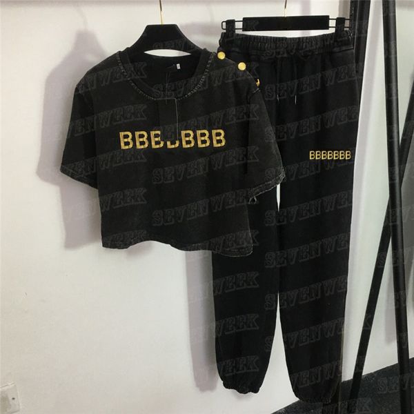

women tracksuits letter print t shirts sweatpants sports suits designer metal shoulder buckle tees casual pants 2pcs sets, Gray