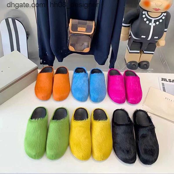 

womens mens marni slippers ladies horsehair marn slides sandals girl flip flop luxury designer winter fur fluffy furry warm letters comforta, White