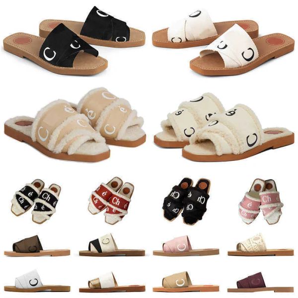 

ladies slipper sandals designer slippers woody flat mule canvas shearling lined white black gray green fur summer sandal fashion