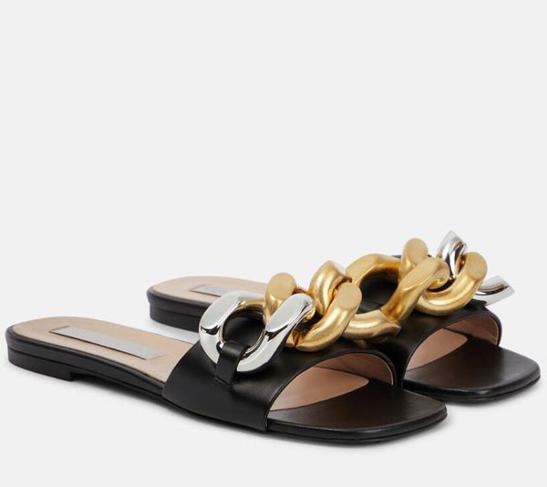 

summer falabella brand women's sandals comfortable flat shoes artificial leather shoulder strap gold chain square head open toe rubber, Black