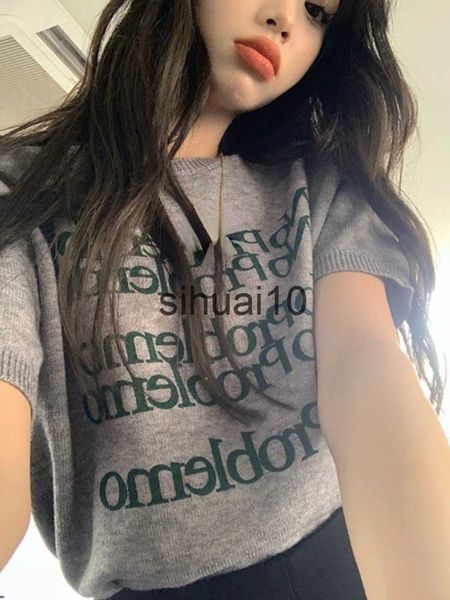 

women's t-shirt summer letter print korean fashion knitted women vintage slim short sleeve t-shirts loose o neck y2k aesthetic cropped, White