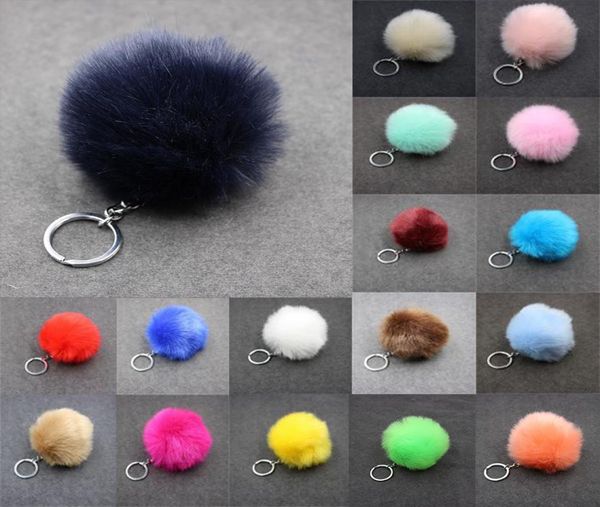 

pompom keychain 315inch fluffy faux rabbit fur ball keychains for women girls car handbag charm key ring holder 29 colors kimter2031030, Slivery;golden