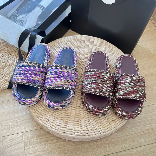 

round head thick bottom hand-knitted twine surface slippers designer sandals ladies british style beach a flip-flops knitted flat shoes, Black