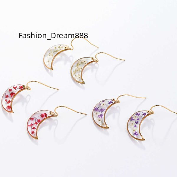 

ins fine jewelry pendientes de mujer clear resin preserved dried real flower crafts earrings moon shape, Silver