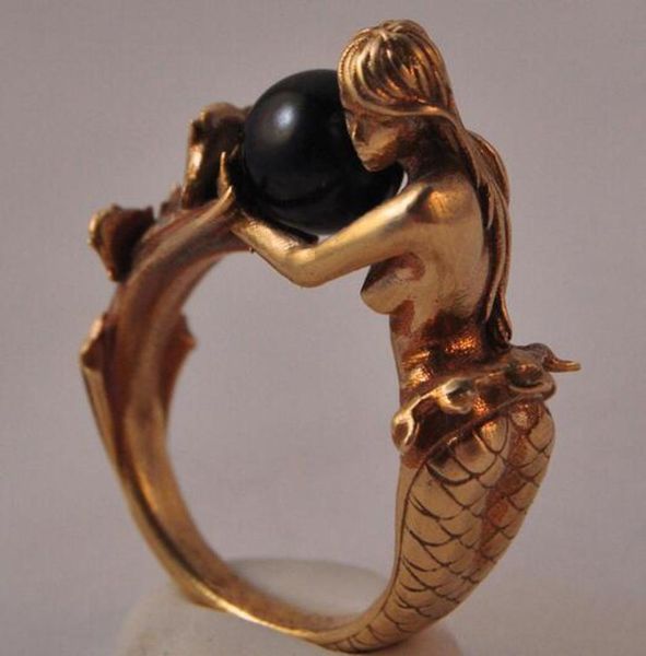 

silver rose gold color mermaid holding black white pearl finger rings for women fashion brand party jewelry girls gifts bague7267511, Golden;silver