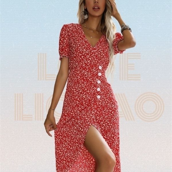 

fashion red printing chiffon dress summer floral ruffle short sleeve slim vneck irregular long dress women boho dress 220526, Black;gray