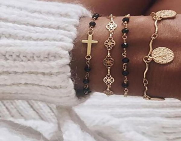 

4 pcsset gold cross charm bracelets for women rosary beads chain gold coin pendants bracelets on the leg lucky braclets jewelry3678604, Black