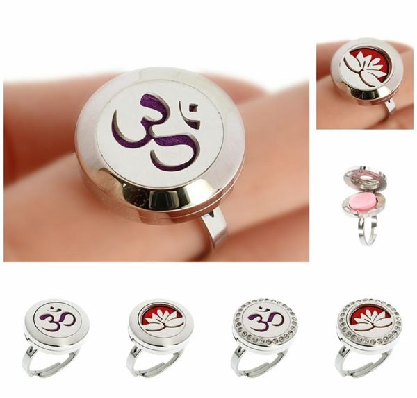 

stainless steel rhinestone perfume ring lotus flower essential oil diffuser aromatherapy locket for women men 10pcs pads6792928, Golden;silver