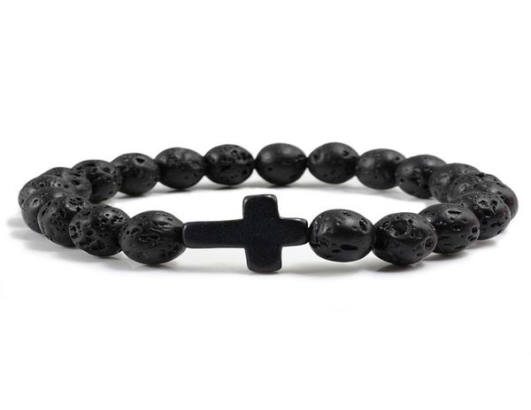 

trendy jesuscross charm blue turquoises men bracelet black lava stone 8mm white beads bracelets bangles for women jewelry6062244