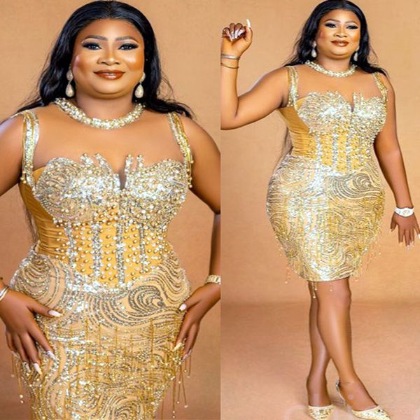 

2023 aso ebi gold sheath prom dress beaded sequined lace evening formal party second reception birthday bridesmaid engagement gowns dresses, Black