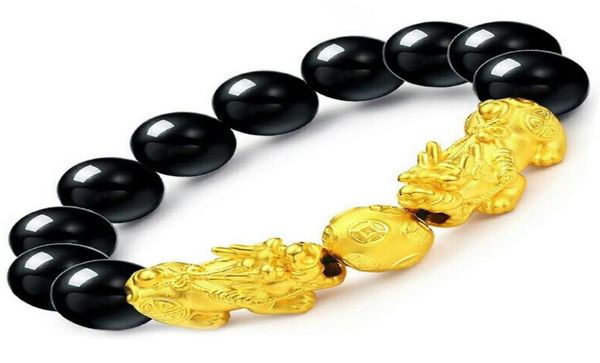 

xj003 gold color pixiu charm bracelet bangles for women men couple fashion black stone beads pixiu bracelet buddha jewelry2617686, Golden;silver