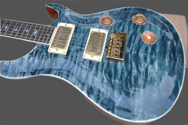 

custom reed smith quilted maple vintage blue prs electric guitar eagle headstock logo, mop birds inlay, tremolo bridge, gold hardware