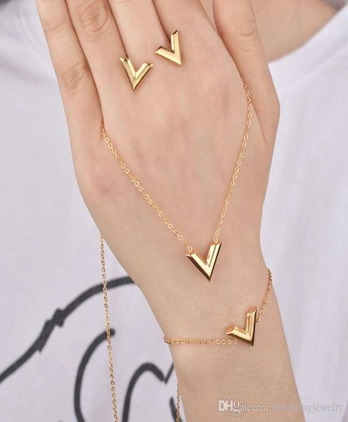 

beichong letter v charm bracelet necklace earrings sets for women stainless steel silver gold chain bracelet v triangle cute stud 1030408, Black