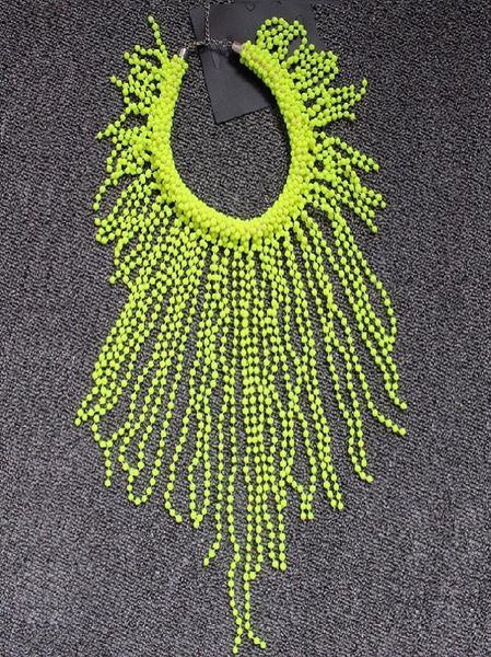 

european fashion neon yellow statement women long beading chokers star punk fluorescence chunky tassels bead chains necklace2365162, Silver