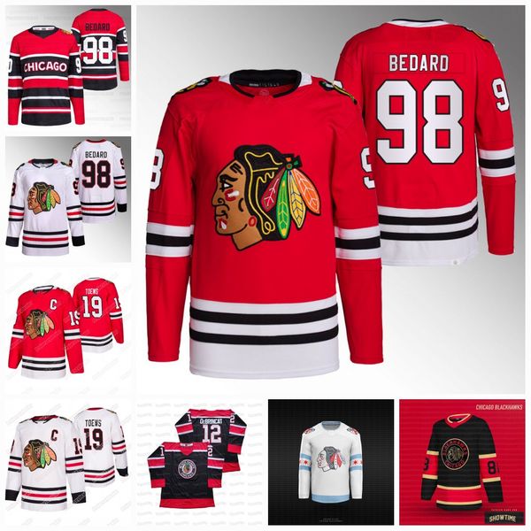 

blackhawks 98 connor bedard 2023 jerseys taylor hall jonathan toews andreas athanasiou seth jones nick foligno raddysh tyler johnson jason d, Black;red