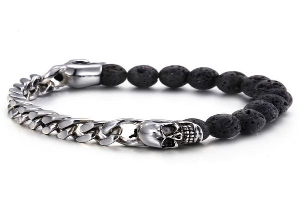 

volcanic stones with gold color stainless steel skull bracelets bangles curb cuban link chain bracelet biker man wristband3976403, Black