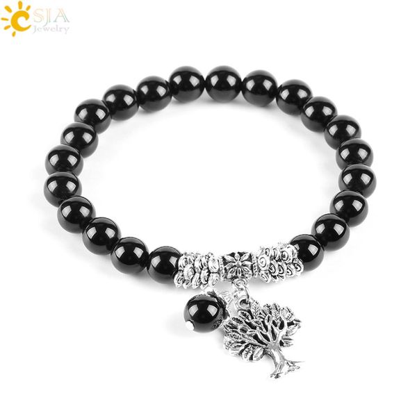 

csja 8mm healing natural stone black onyx agate beaded stretch bracelets for men mala yoga beads silver tree of life charms jewelr7182748