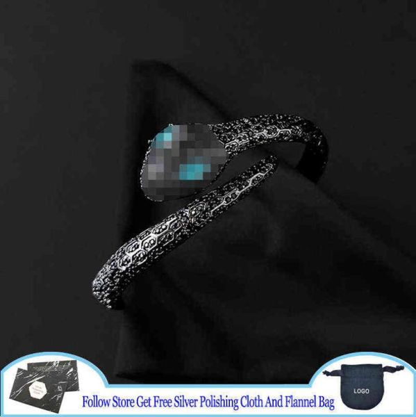 

s925 sterling silver bracelet kaa serpent open cuff with lagoon blue stones unique european and american style punk trendy3799273, Black