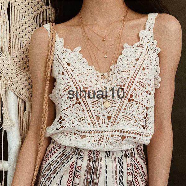 

women's t-shirt summer new hook flower lace solid stitching v-neck camis female knitted short section slim outer wear shirt trend tank, White