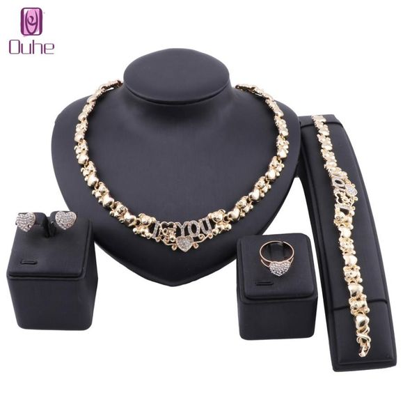 

nigerian beads wedding fashion i love you crystal jewelry sets bridal party elegant women necklace bracelet earrings ring set6199312, Slivery;golden