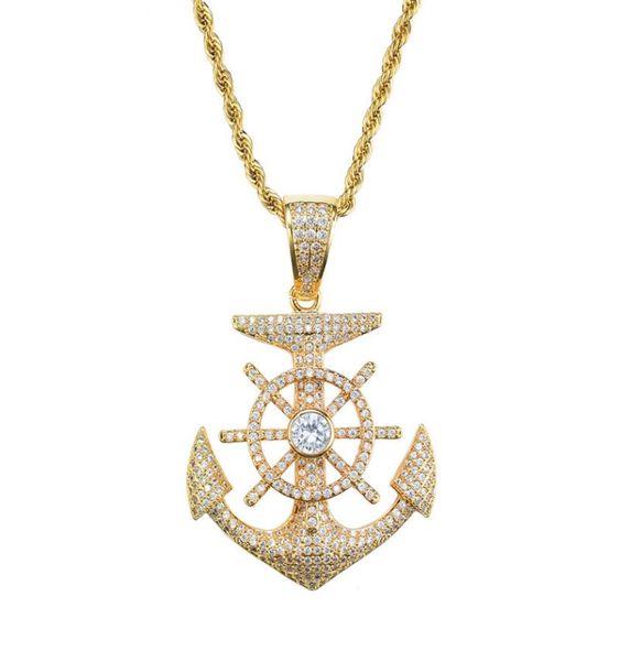

boat anchor pendant necklace gold plated copper inlaid cubic zirconia pendant 60cm stainless steel chain men accessories4223896, Silver
