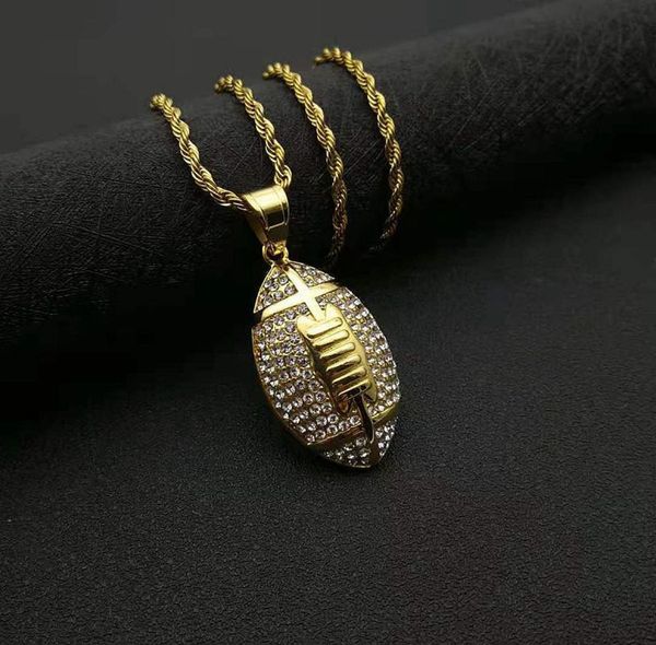 

hip hop men039s gold color stainless steel rugby pendants iced out cubic zirconia bling football rock necklace rapper jewerly2472354, Silver