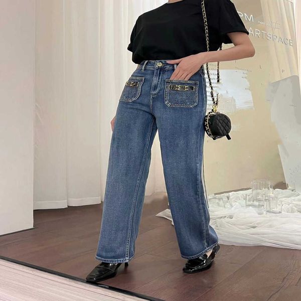 

2023 designer jeans women's new mid-high-waist straight joker jeans lotus leaf trouser leg fashion letter decoration leisure., Blue