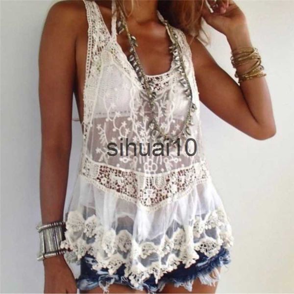 

women's t-shirt boho inspired bohemian crochet lace racerback tank cover up cotton blend summer beach new tank boho women j230627, White