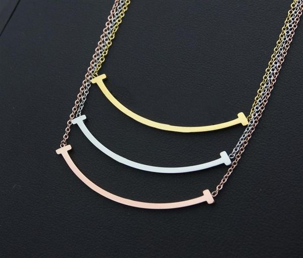 

new arrive fashion classic lady 316l titanium steel smile lettering 18k plated gold necklaces with double t letter pendant 3 color3283995, Silver