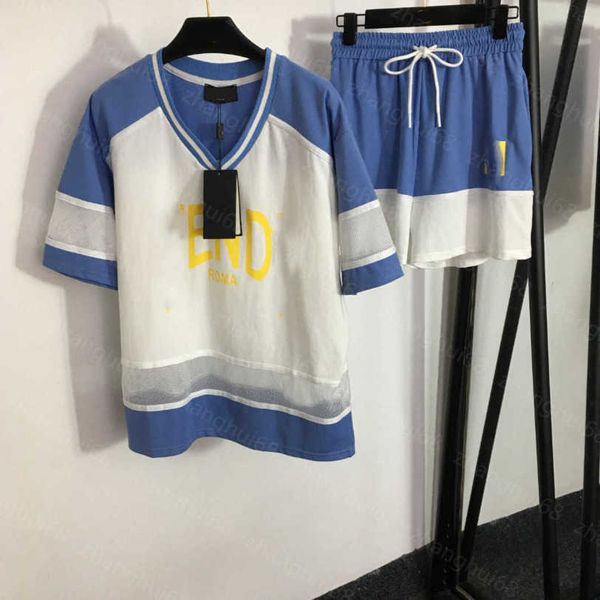 

23ss casual suit women shorts sets womens designer clothing see through hollow mesh letter print v-neck short sleeve t-shirt elastic waist s, White