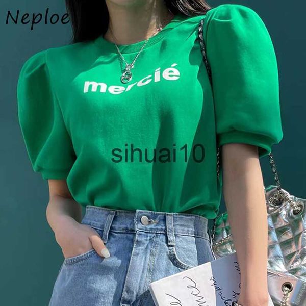 

women's t-shirt neploe korean western style tees femme simple round neck letter printing hit color loose casual wild puff sleeve t-shir, White