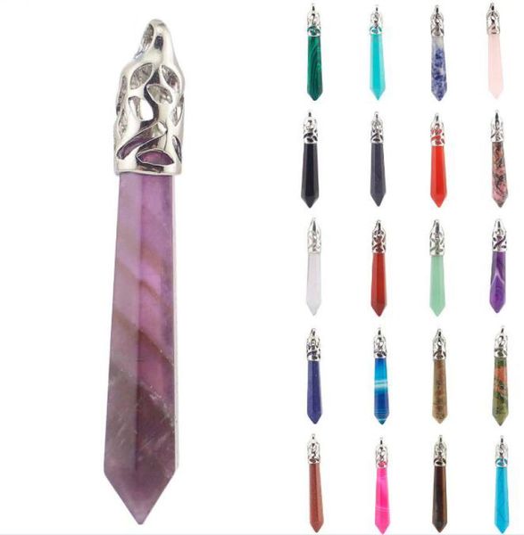 

jln hexagonal pillar pendant gemstone crystal quartz amethyst black onyx prism bullet shape stone necklace with wax rope chain3207050, Silver