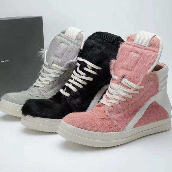 

owens hair winter horse high women shoes sneakers lace up men thick soled leather rick ro geobasket zipper motorcycle boots, Black